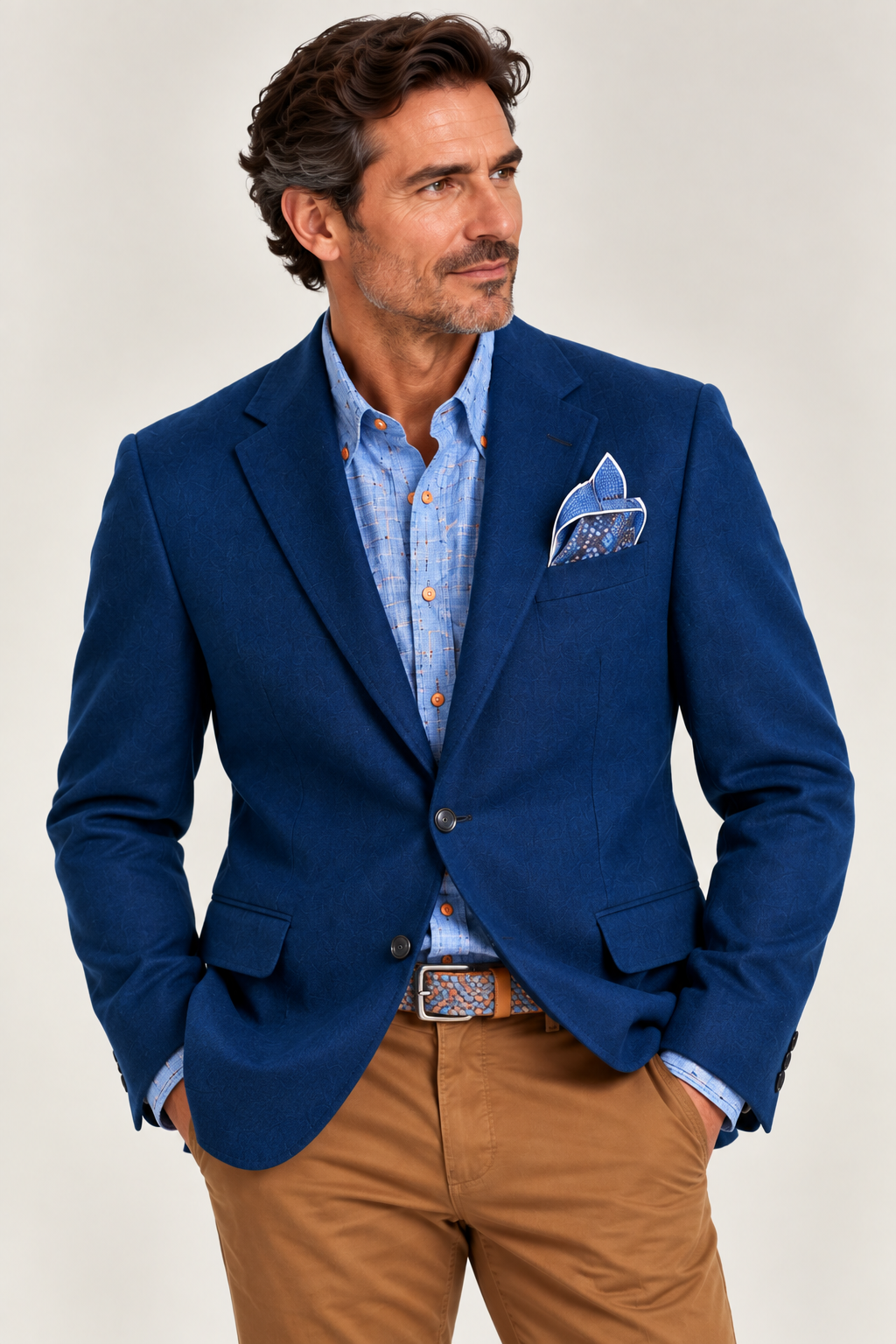 A man stands with his hands in his pockets, looking to the side, dressed in a luxury Giles & Jasper Cashmere Sport Coat in blue, paired with a light blue checked shirt, a patterned pocket square, and khaki pants.
