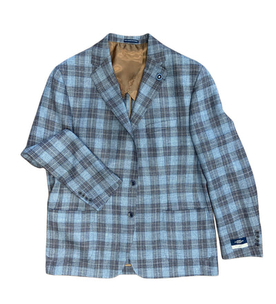 The Hart Schaffner Marx NY Sports Coat Blue Plaid 36F0083 is a men’s single-breasted, tailored-fit sport coat in a blue and gray plaid wool-silk-linen blend with tan lining and two buttons, shown against a white background.