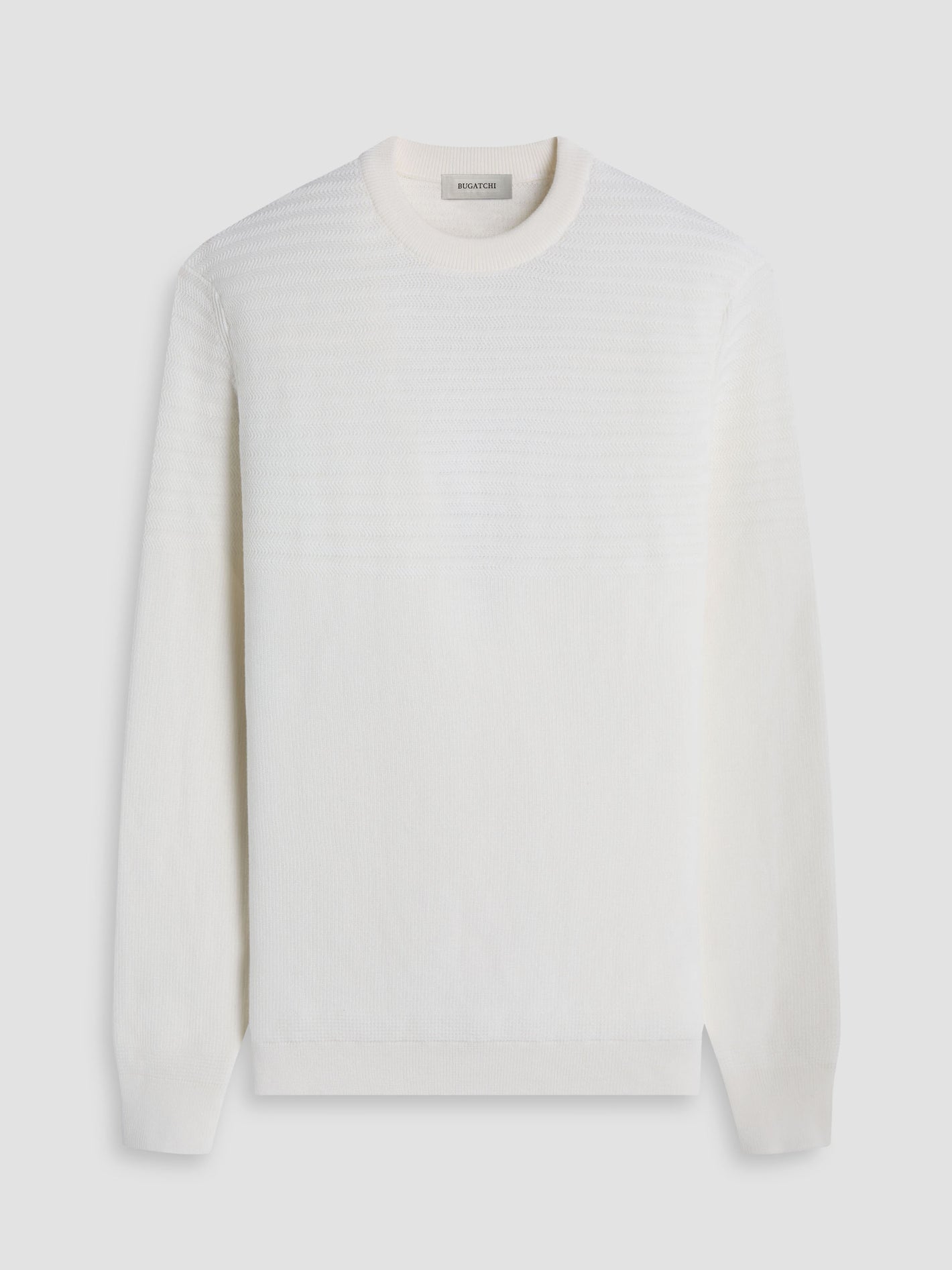 The Bugatchi Crew Neck Sweater HH521CN1 is a premium cotton, long-sleeve sweater with a subtle chest texture and ribbed cuffs and hem, inspired by Italian luxury menswear and shown on a white background.