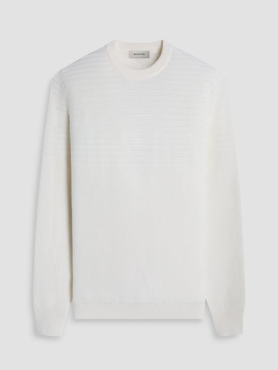 The Bugatchi Crew Neck Sweater HH521CN1 is a premium cotton, long-sleeve sweater with a subtle chest texture and ribbed cuffs and hem, inspired by Italian luxury menswear and shown on a white background.