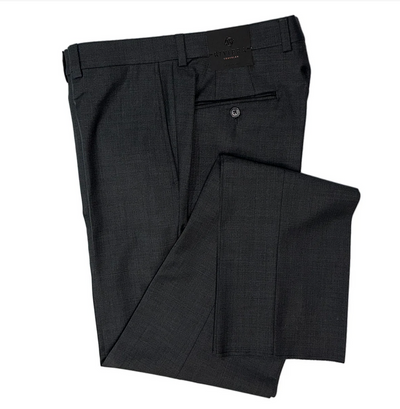 The Jack Victor Riviera Traveler Pants are a pair of neatly folded dark grey performance wool trousers featuring a visible waistband, belt loops, and a buttoned back pocket.