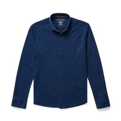A Stone Rose ORIGIN Long Sleeve T-Series Sport Shirt in dark blue, featuring a collar and button-up front, is laid flat on a white background.