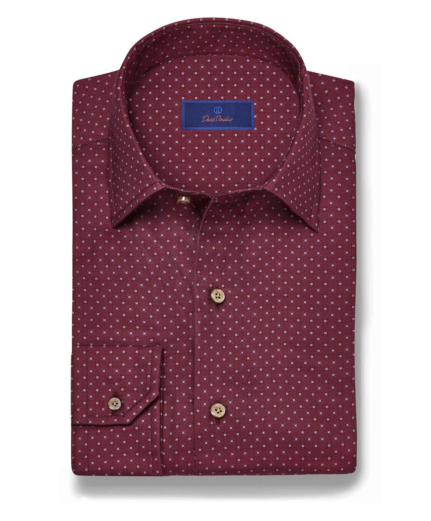 The David Donahue Micro Dot Sport Shirt (CBSM11016) is a folded maroon shirt with a small white dotted pattern, brown buttons, and a blue inner collar label, shown against a white background.