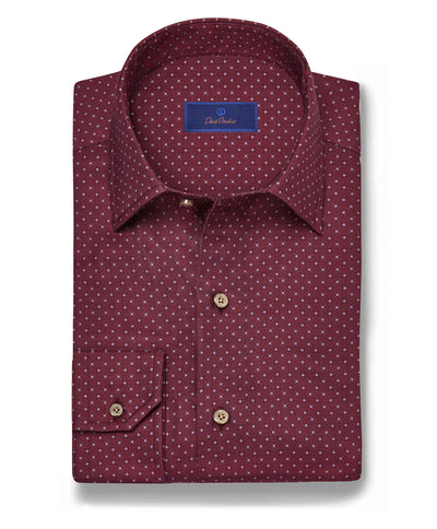 The David Donahue Micro Dot Sport Shirt (CBSM11016) is a folded maroon shirt with a small white dotted pattern, brown buttons, and a blue inner collar label, shown against a white background.