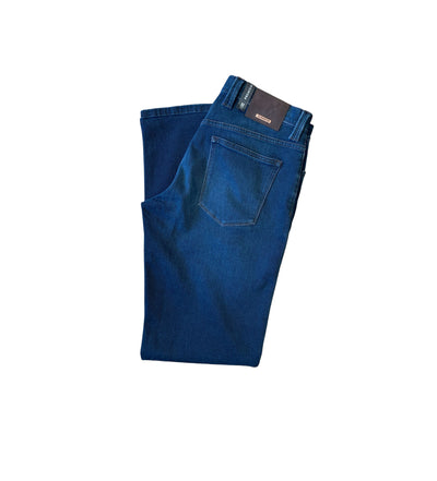 A pair of folded blue Alberto PIPE Denim 1266 jeans with a visible back pocket and attached brand tags, displayed on a white background.