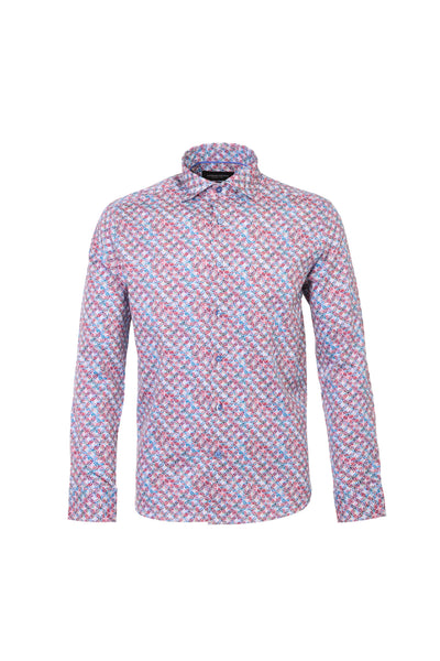 Luchiano Visconti LS Print Shirt IGTDRT55 long-sleeved button-down featuring a red, blue, and white geometric chain-link bullseye pattern on mercerized cotton.