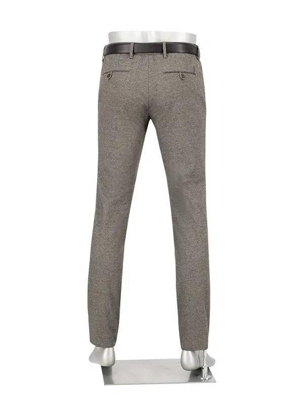 Back view of a mannequin wearing the Alberto Pipe Taupe Melange Pant 1643 by Alberto, styled with a black belt and standing on a metal base against a white background.