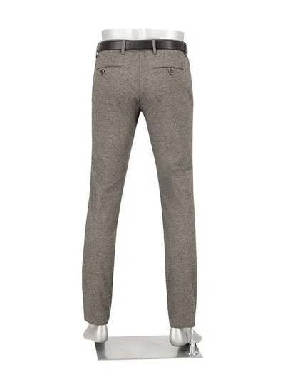 Back view of a mannequin wearing the Alberto Pipe Taupe Melange Pant 1643 by Alberto, styled with a black belt and standing on a metal base against a white background.