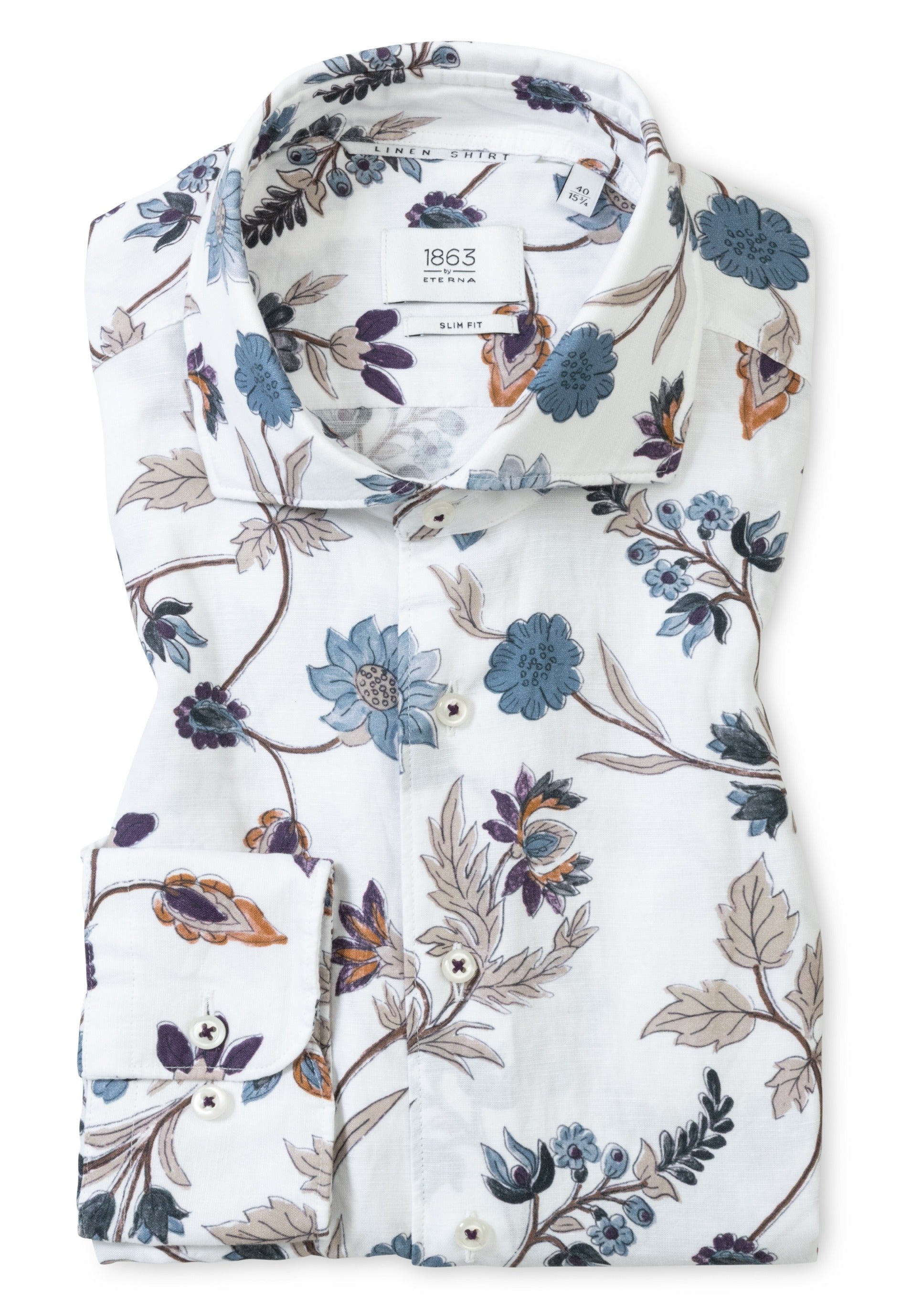 The Eterna Modern Kent Shirt Dobby 1343-XS82 is a folded, non-iron, long-sleeve dress shirt by Eterna with a white base and blue, purple, and brown floral print in a contemporary fit.