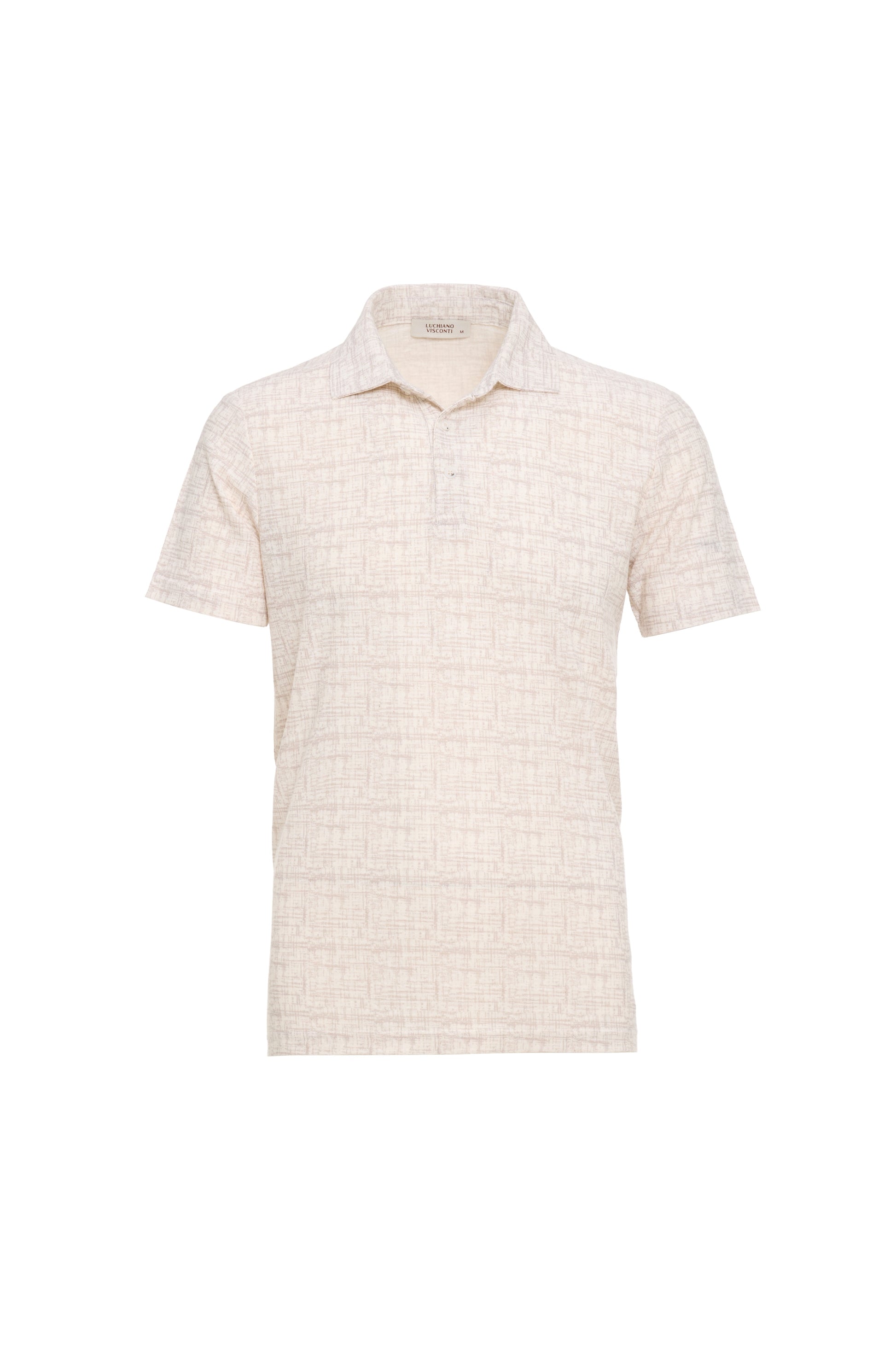 The Luchiano Visconti Visconti Short Sleeve Printed Polo MORL3P54 features a beige short-sleeve design with a subtle textured pattern, a buttonless collar, and straight hem, inspired by Italian craftsmanship. Displayed on a white background.
