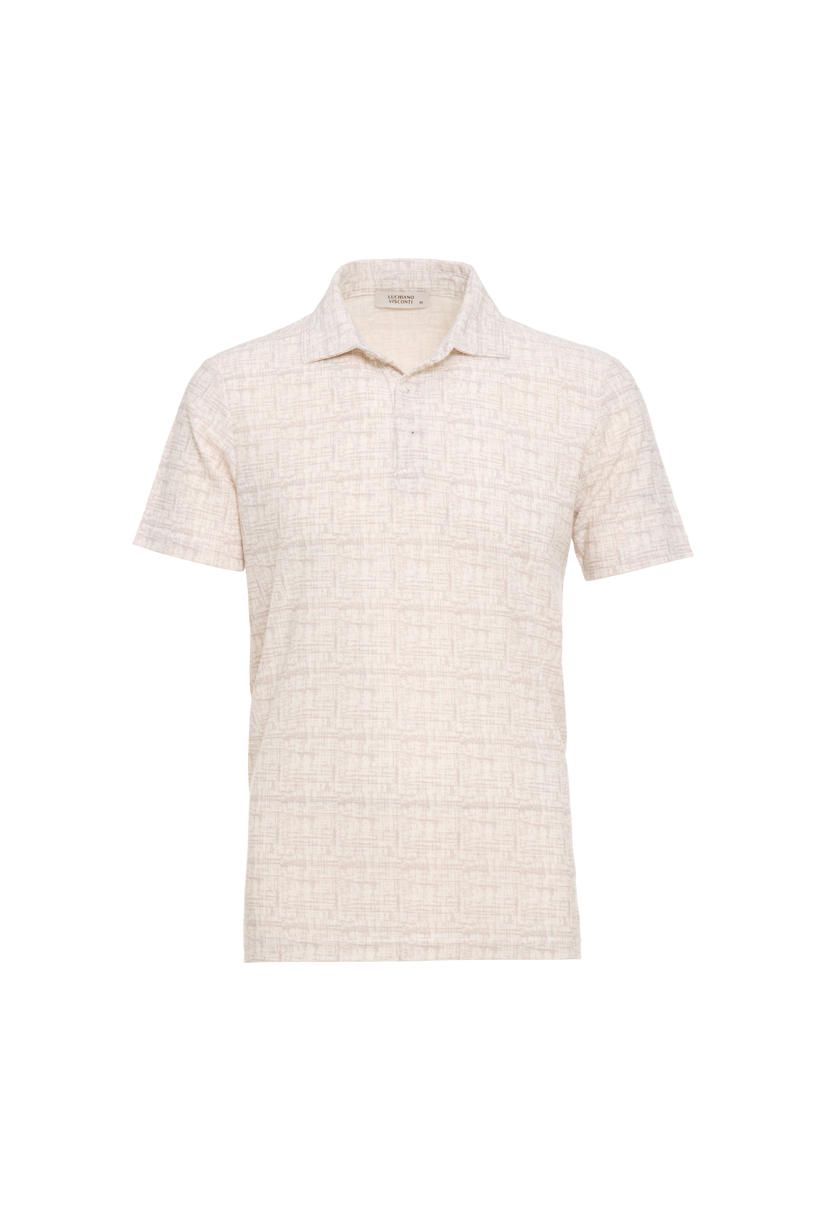 The Luchiano Visconti Visconti Short Sleeve Printed Polo MORL3P54 features a beige short-sleeve design with a subtle textured pattern, a buttonless collar, and straight hem, inspired by Italian craftsmanship. Displayed on a white background.