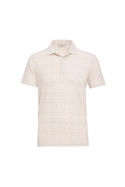 The Luchiano Visconti Visconti Short Sleeve Printed Polo MORL3P54 features a beige short-sleeve design with a subtle textured pattern, a buttonless collar, and straight hem, inspired by Italian craftsmanship. Displayed on a white background.