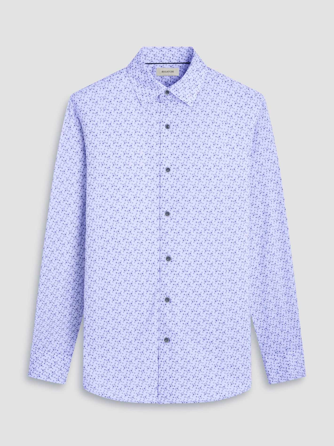 The Bugatchi LS Jules GF9090K65 Air Blue shirt by Bugatchi features long sleeves and a subtle dark blue geometric pattern, crafted from premium European fabrics and displayed flat against a light grey background.