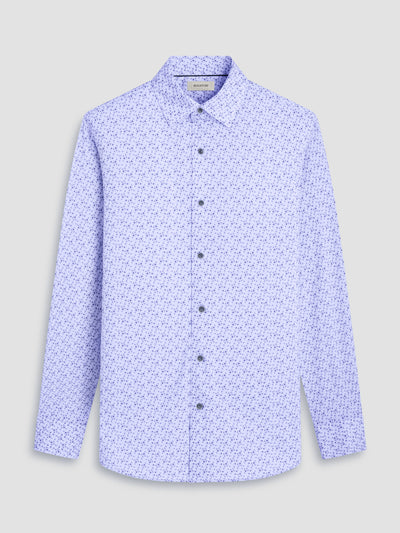 The Bugatchi LS Jules GF9090K65 Air Blue shirt by Bugatchi features long sleeves and a subtle dark blue geometric pattern, crafted from premium European fabrics and displayed flat against a light grey background.