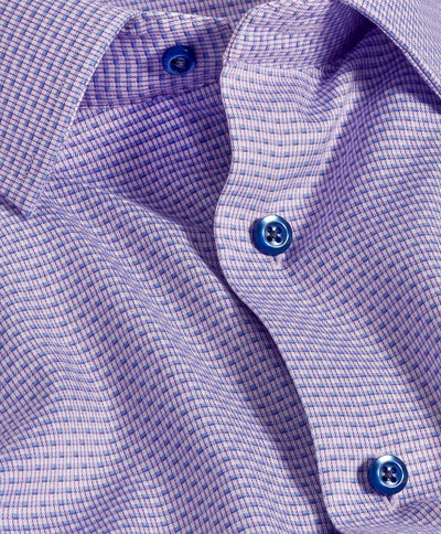 Close-up of a David Donahue Stripe Chk Shirt TBSP11002 with a purple small check pattern, blue buttons, and prominent collar.