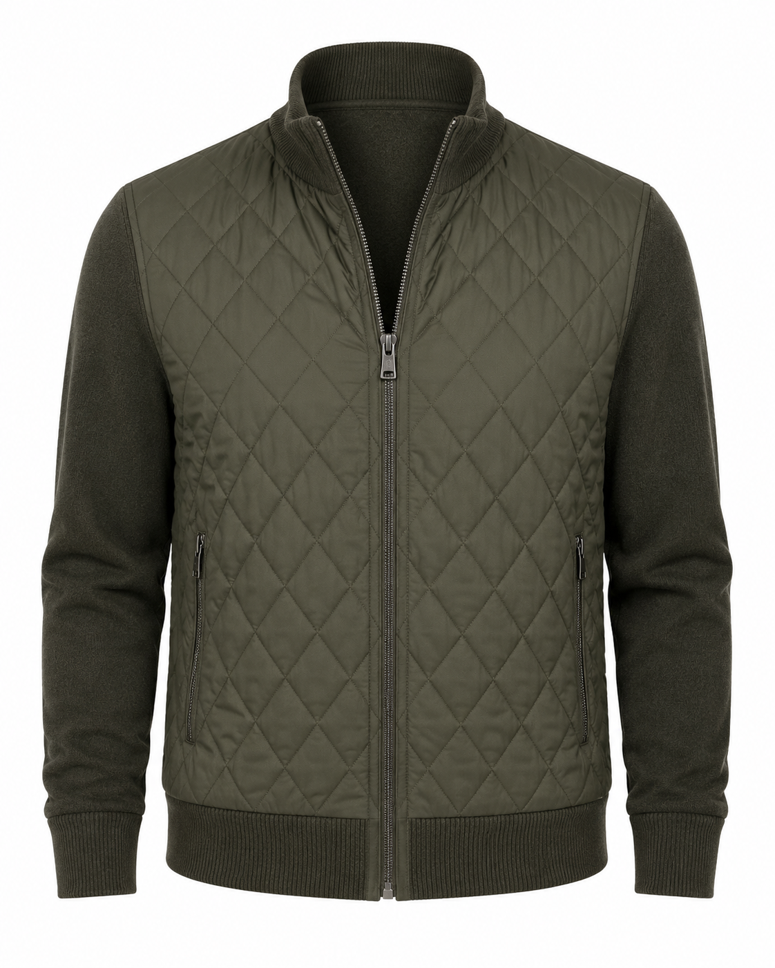 The Enzo Axel Quilted Jacket by Enzo is an olive green bomber featuring a front zipper, ribbed collar, cuffs, and hem, plus zippered pockets on both sides—a stylish and lightweight fall option perfect for layering.