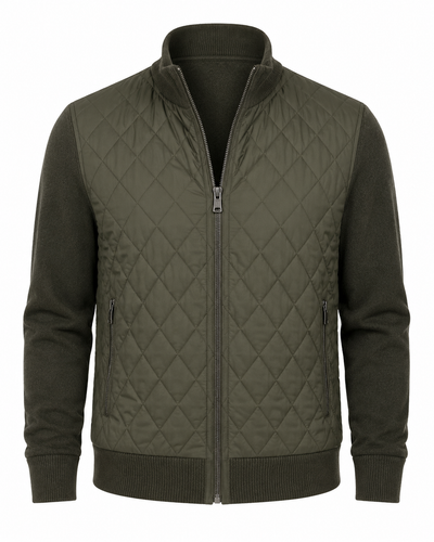 The Enzo Axel Quilted Jacket by Enzo is an olive green bomber featuring a front zipper, ribbed collar, cuffs, and hem, plus zippered pockets on both sides—a stylish and lightweight fall option perfect for layering.