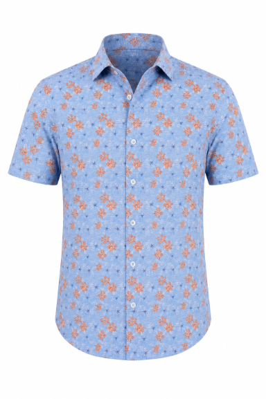 The Luchiano Visconti Floral Print Shirt IGTPPS54 features a light blue short-sleeve button-up design with an orange floral pattern, adding vibrant style to your wardrobe. Shown against a plain white background.