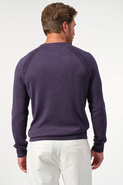 A man wearing a purple Garnet Milano Crew Sweater 2522003CS and white pants is shown from the back against a plain white background.