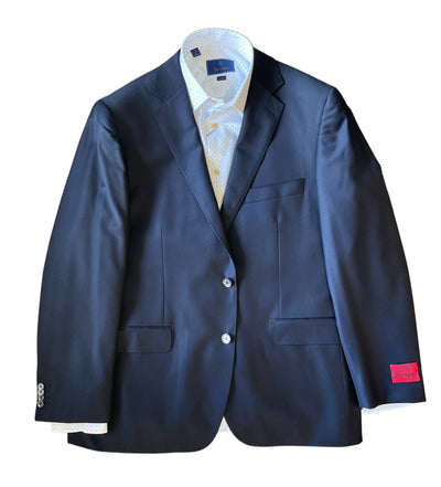 The Byron Contemporary Blazer 9032 by Byron is a classic men's blazer in dark navy with notch lapels, two front pockets, a white dress shirt underneath, and a red label visible on the left sleeve.