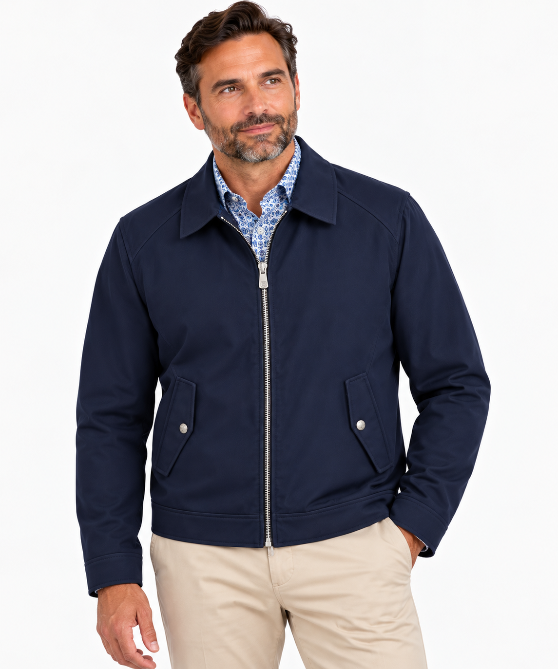 Man wearing a Hart Schaffner Marx Felix Commuter Jacket 6214 over a patterned shirt and beige pants, standing against a plain white background.