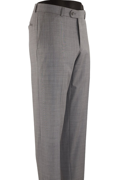 The Ballin M52409 Soho Pant by Ballin is a pair of light gray dress pants shown from the side, featuring belt loops, a button closure, and a subtle checkered pattern.