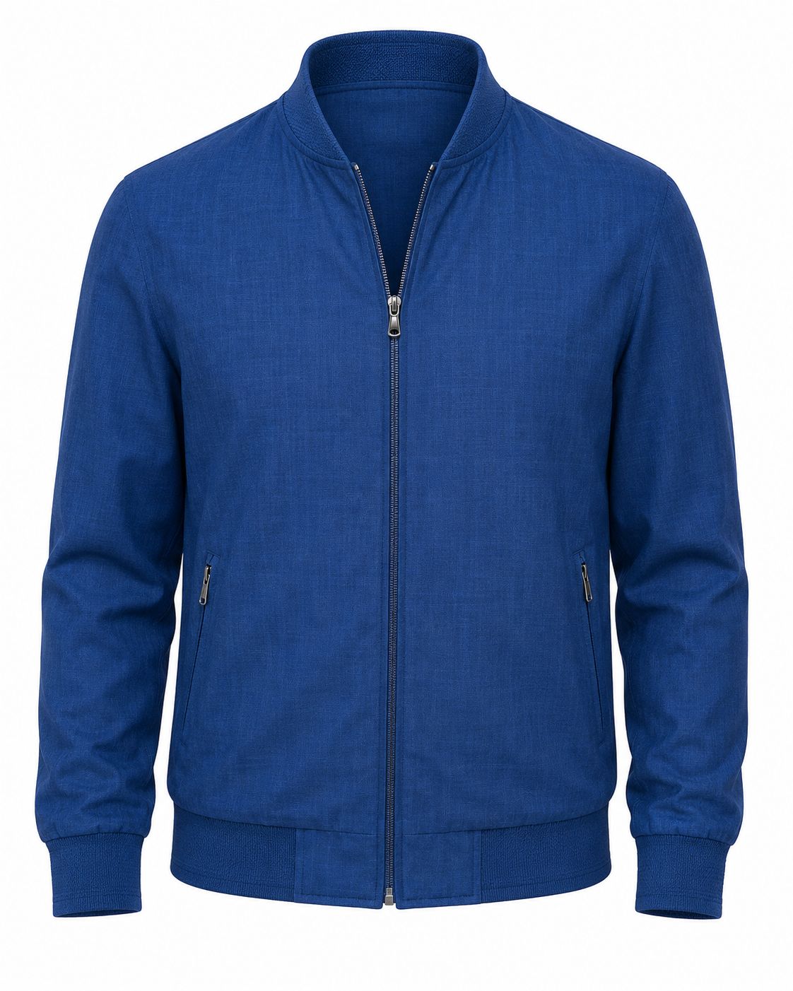 A blue Enzo Amalfi Jacket by Enzo, featuring a lightweight bomber style with a high collar, long sleeves, ribbed cuffs and hem, and two zippered side pockets, is displayed on a white background.