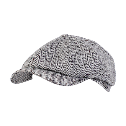 The Wigens Wool Herringbone Newsboy Cap 101155 by Wigens is crafted from soft Melton wool in a gray herringbone pattern, featuring a short brim and a rounded crown, and is displayed on a white background.