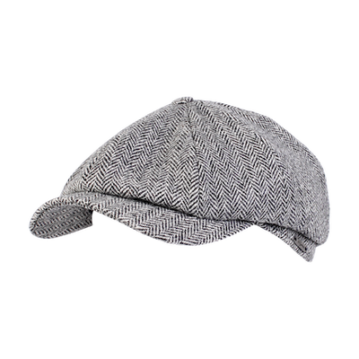 The Wigens Wool Herringbone Newsboy Cap 101155 by Wigens is crafted from soft Melton wool in a gray herringbone pattern, featuring a short brim and a rounded crown, and is displayed on a white background.