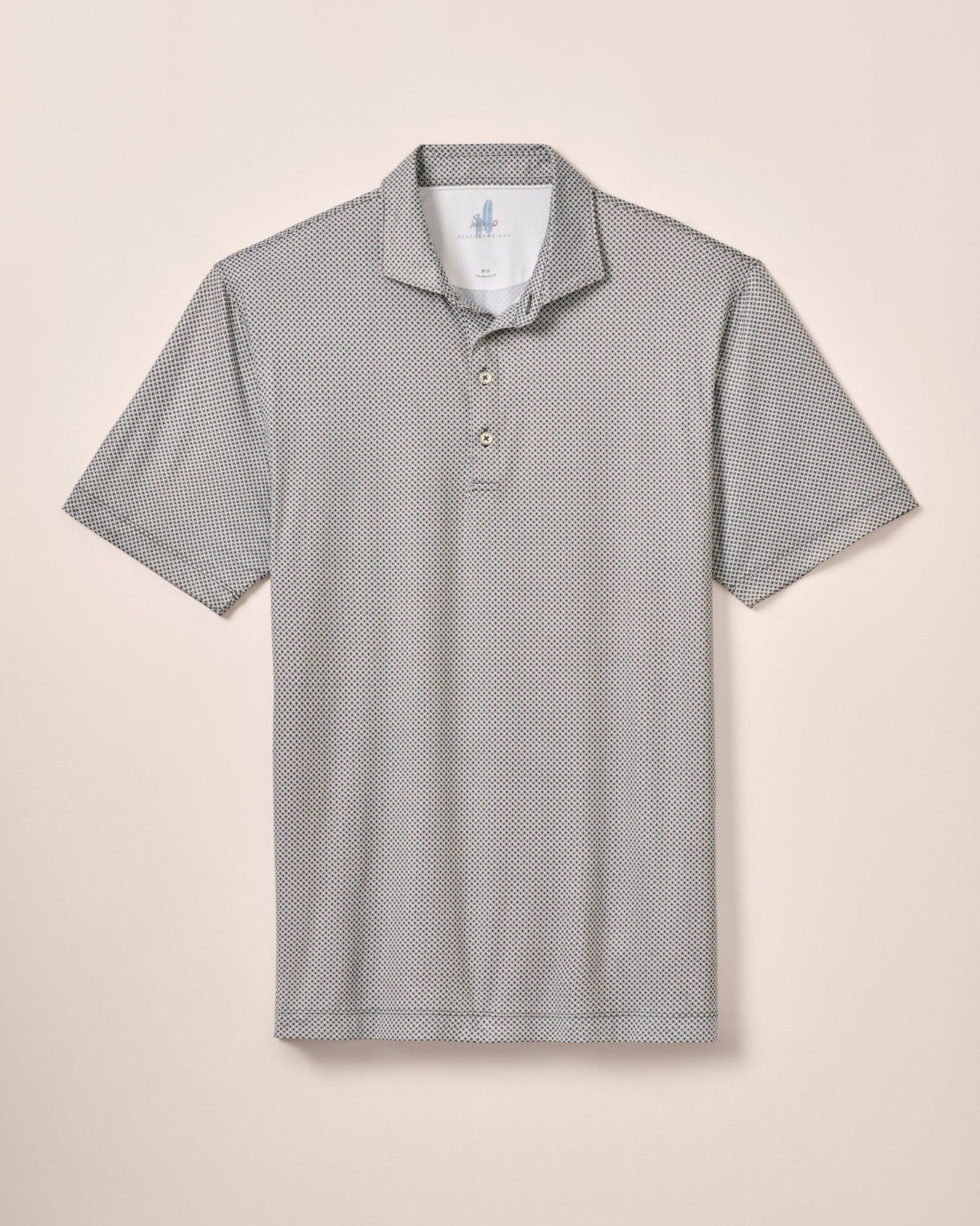 The Johnnie-O Link Big & Tall Performance Jersey Polo features a gray short-sleeve design with a black geometric pattern, buttoned placket, collar, and UPF 50 fabric, shown against a neutral background.