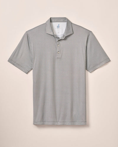 The Johnnie-O Link Big & Tall Performance Jersey Polo features a gray short-sleeve design with a black geometric pattern, buttoned placket, collar, and UPF 50 fabric, shown against a neutral background.
