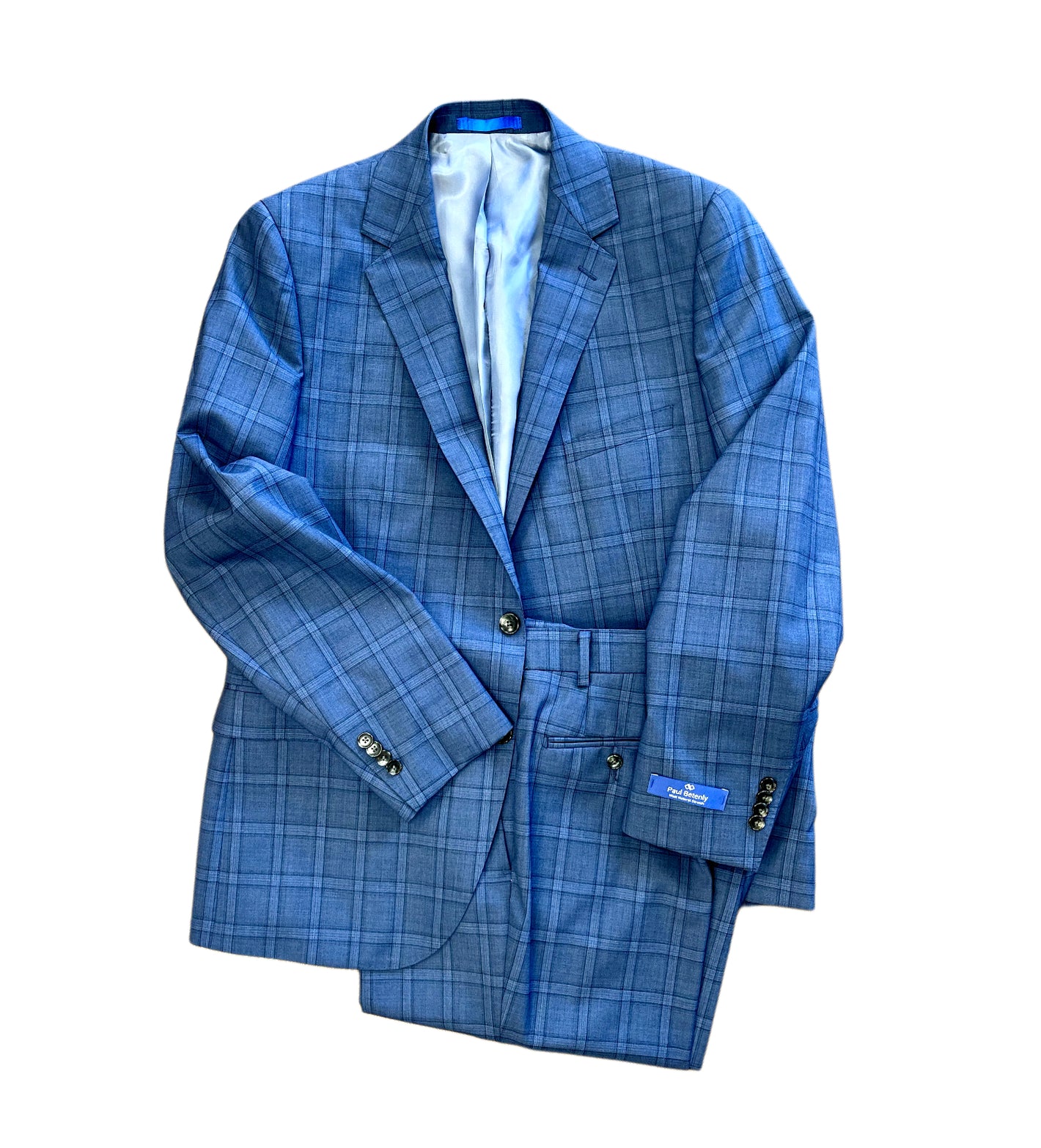 Paul Betenly 1D5103 Slim Blue Suit features a blue plaid pattern, fine Italian wool, notch lapel jacket, and matching trousers, shown on a white background.