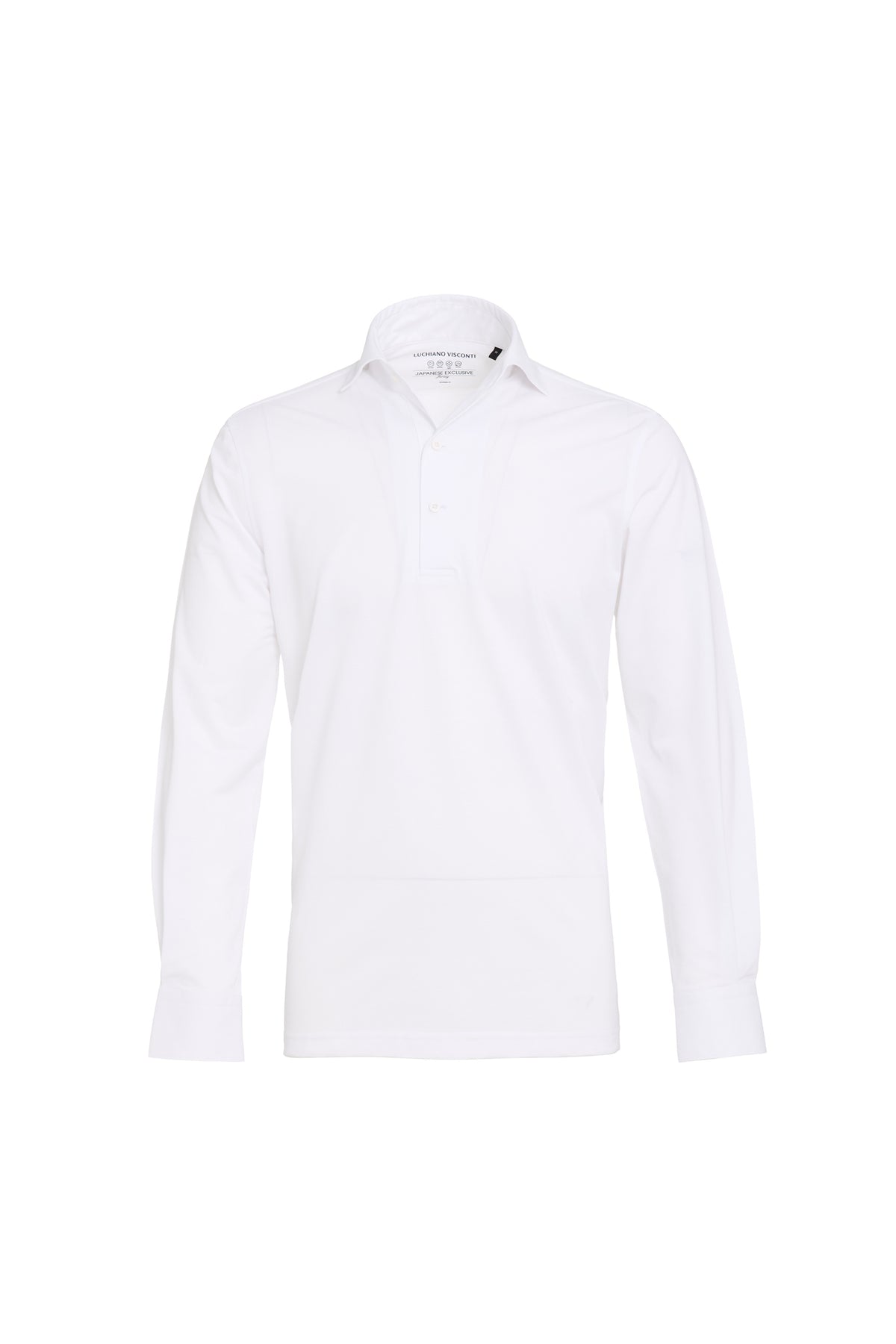 White Luchiano Visconti 3 Button Long Sleeve Polo KAROPP54 featuring a three-button placket, a spread collar, and a 6-way stretch performance design.