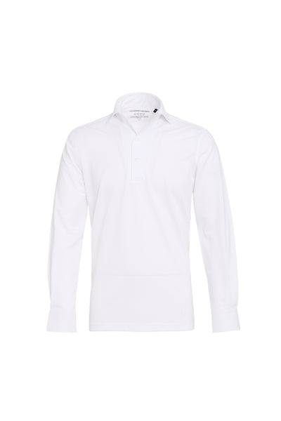 White Luchiano Visconti 3 Button Long Sleeve Polo KAROPP54 featuring a three-button placket, a spread collar, and a 6-way stretch performance design.