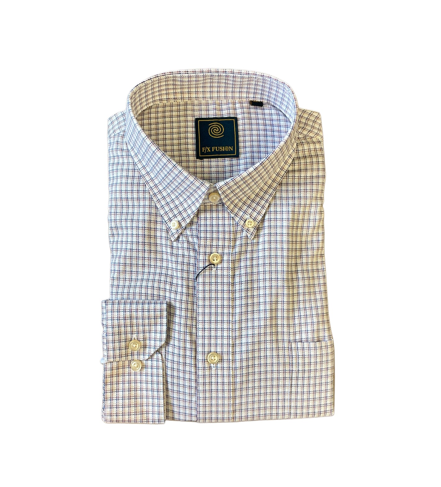 The F/X Fusion Big & Tall Men's L/S Check Shirt FW 10050 is a long-sleeve, 100% cotton button-up with a small plaid pattern in white, blue, and brown, featuring a front pocket and buttoned collar.