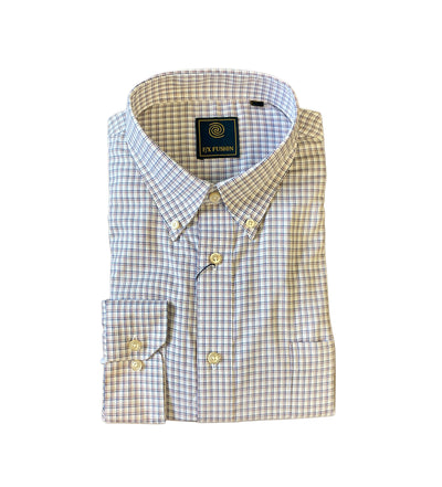 The F/X Fusion Big & Tall Men's L/S Check Shirt FW 10050 is a long-sleeve, 100% cotton button-up with a small plaid pattern in white, blue, and brown, featuring a front pocket and buttoned collar.