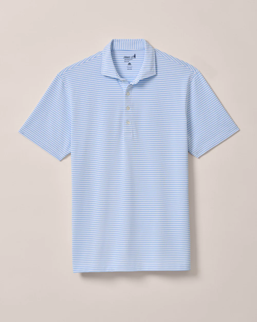 The Johnnie-O Performance Polo – Stetsons features light blue and white stripes, a collar with three buttons, lightweight jersey fabric, and UPF 50 sun protection. Brand: Johnnie-O. Displayed on a plain background.
