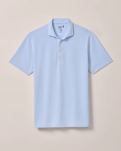 The Johnnie-O Performance Polo – Stetsons features light blue and white stripes, a collar with three buttons, lightweight jersey fabric, and UPF 50 sun protection. Brand: Johnnie-O. Displayed on a plain background.