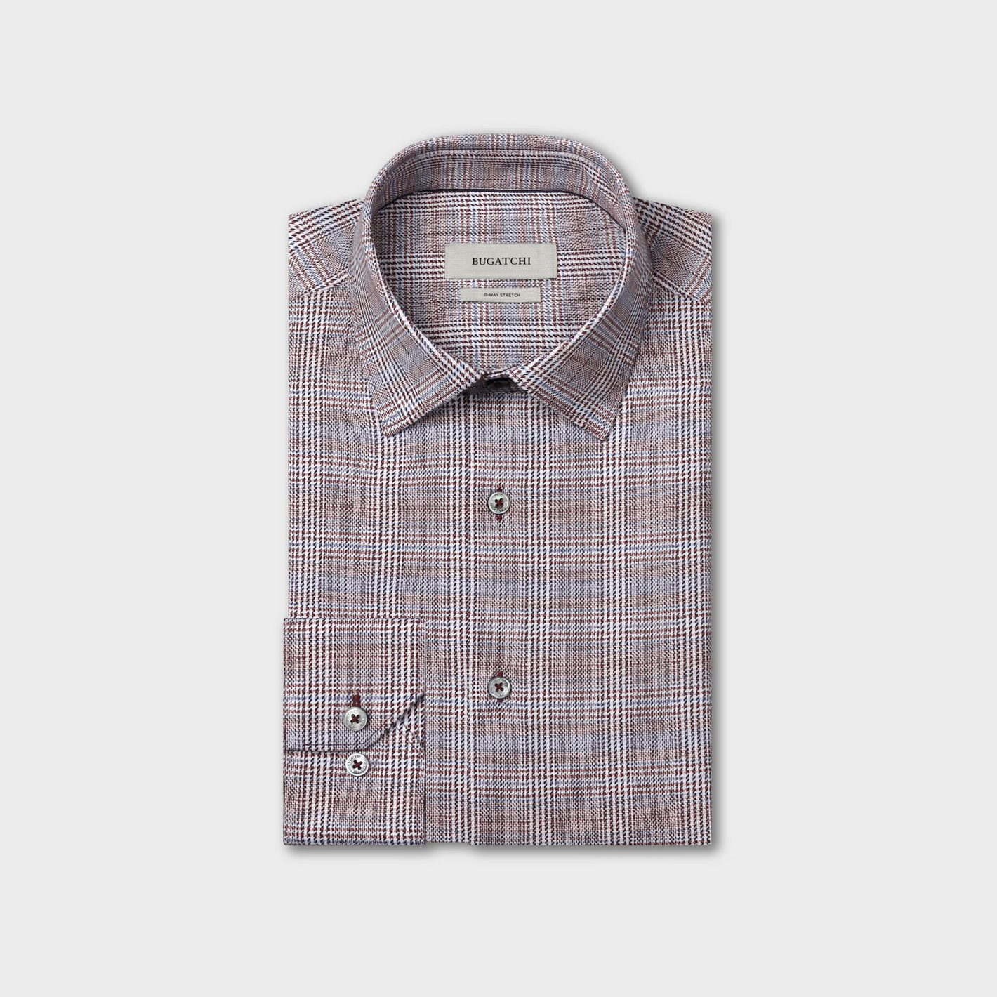 Folded Bugatchi James Plaid Sport Shirt (style KF9278K60) by Bugatchi, featuring long sleeves and buttoned cuffs in a brown, blue, and white geometric plaid print, displayed on a white background; this wrinkle-resistant dress shirt combines all-day crispness with contemporary style.