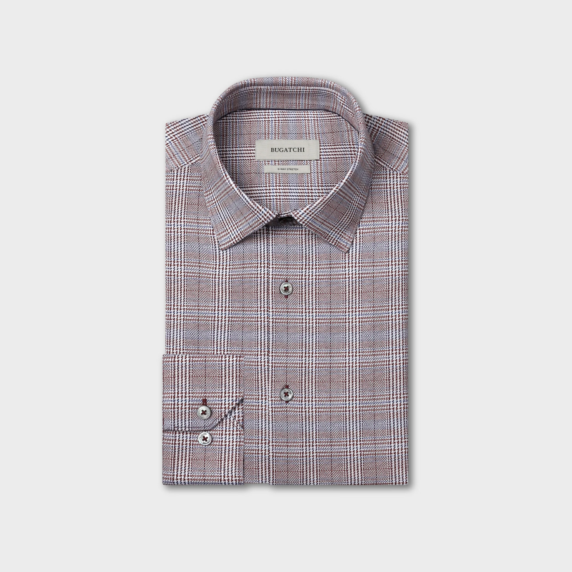 Folded Bugatchi James Plaid Sport Shirt (style KF9278K60) by Bugatchi, featuring long sleeves and buttoned cuffs in a brown, blue, and white geometric plaid print, displayed on a white background; this wrinkle-resistant dress shirt combines all-day crispness with contemporary style.