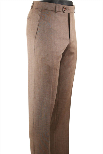 The Ballin Dunhill Pants Big & Tall M5298 by Ballin are brown tailored lightweight dress pants with side pockets, belt loops, and a button closure, displayed from the side on a mannequin.