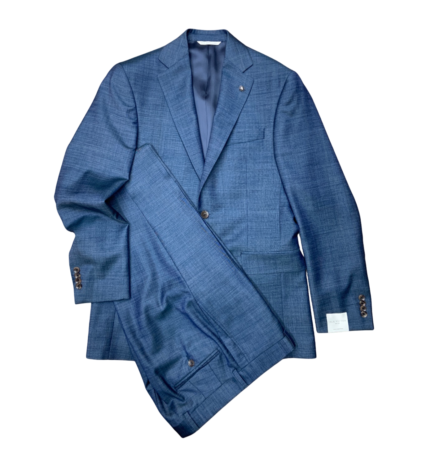 The Jack Victor Napoli Suit 3251602 is a men's blue two-piece wool suit featuring a notch lapel blazer and matching trousers, displayed flat on a white background.