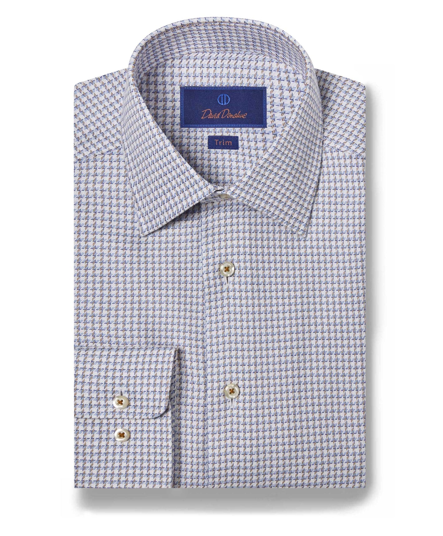 A folded David Donahue Chk TBSP10809464 long-sleeve Pima cotton dress shirt in blue and white houndstooth, featuring a spread collar, button-up front, and barrel cuffs.