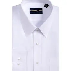 The Wilkes & Riley Spread Collar B1015 is a neatly folded white Supima cotton dress shirt with a front pocket, buttons, and a Wilkes & Riley label on the inside collar.