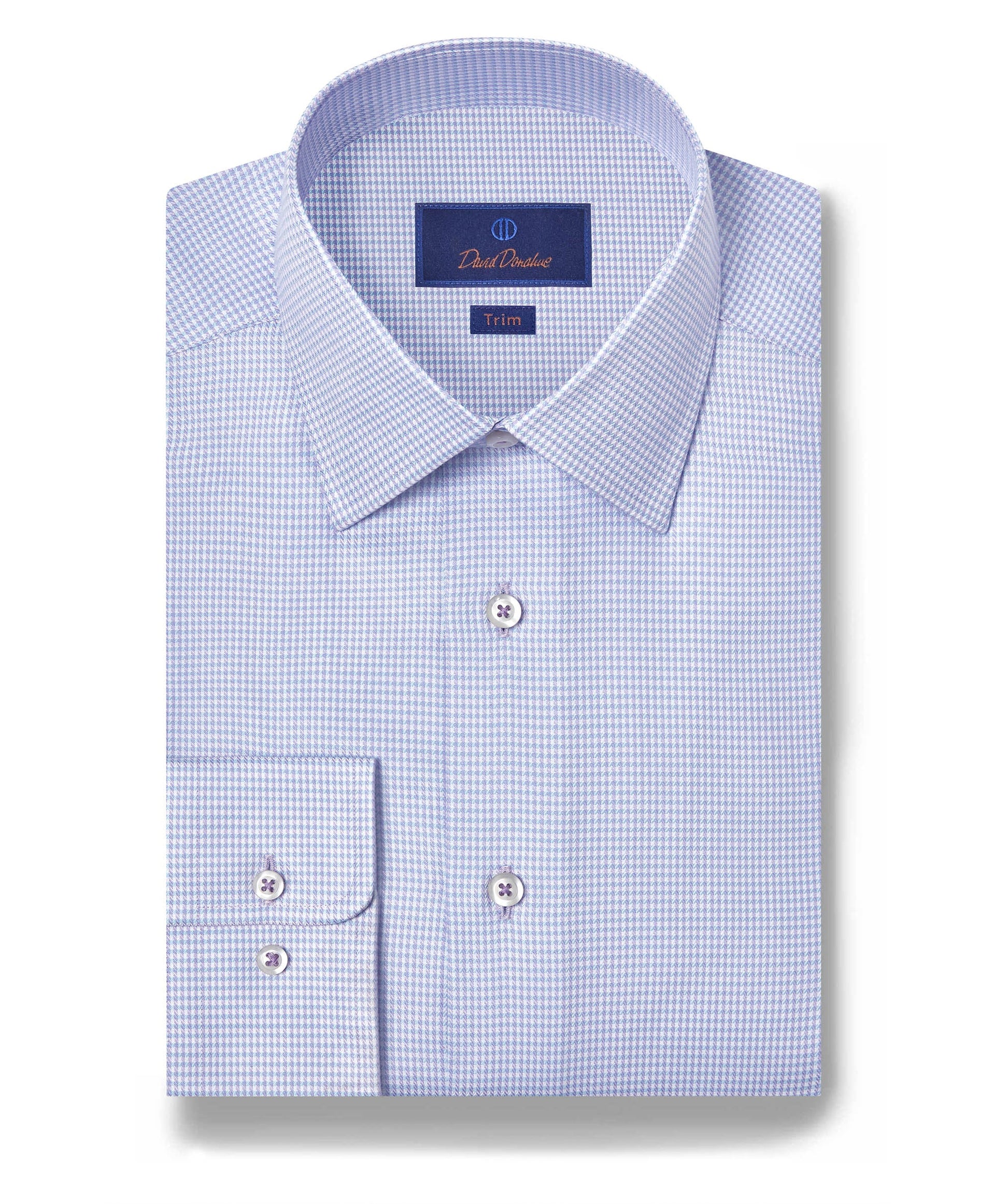 David Donahue Trim Fit Silk Blend Twill Check Dress Shirt - Sky/ Lilac