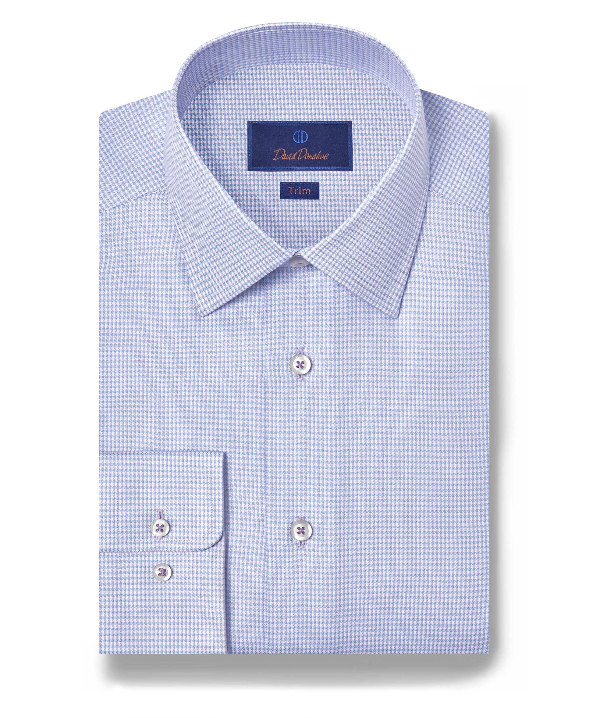 Folded David Donahue OP Herringbone Silk Blend Dress Shirt (TBSP12822455) in light blue check, button cuff, and Trim label inside the collar, displayed on a white background.