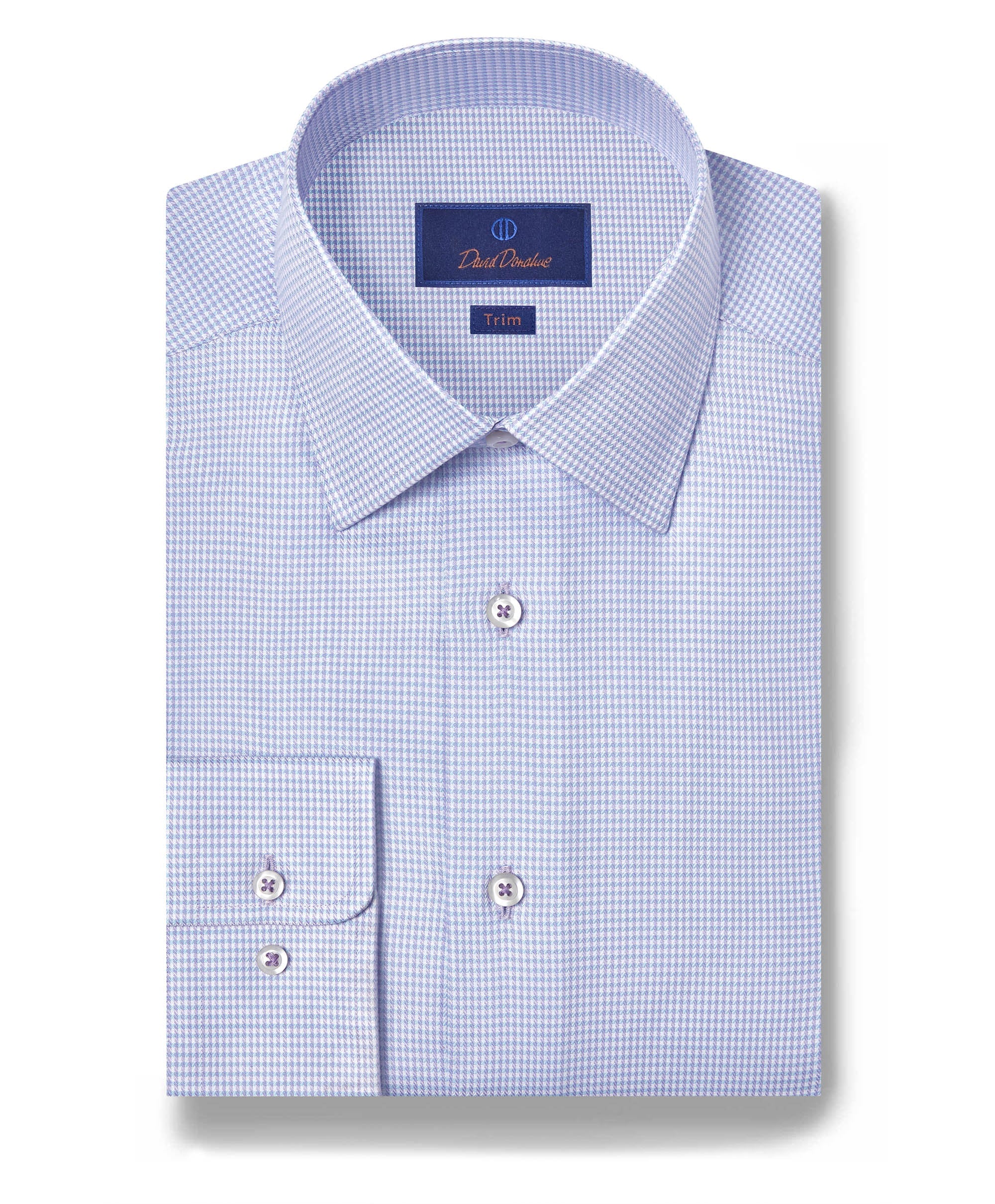 Folded David Donahue OP Herringbone Silk Blend Dress Shirt (TBSP12822455) in light blue check, button cuff, and Trim label inside the collar, displayed on a white background.