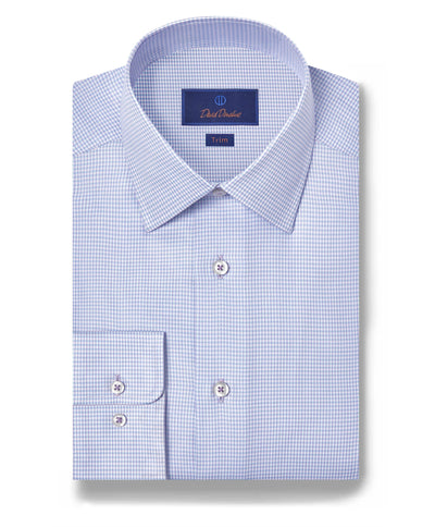 Folded David Donahue OP Herringbone Silk Blend Dress Shirt (TBSP12822455) in light blue check, button cuff, and Trim label inside the collar, displayed on a white background.