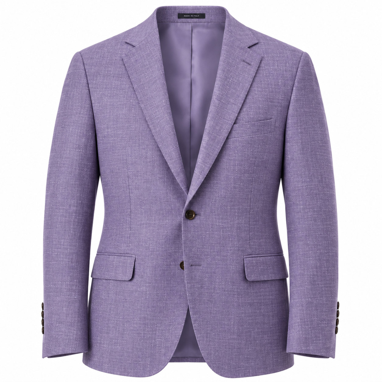 The Paul Betenly Kevin Purple Sport Coat 2K6103 is a sophisticated single-breasted jacket in light purple, expertly tailored from luxurious Super 120′s wool. It features classic notched lapels, two-button closure, flap pockets, and a chest pocket—all presented against a white background for an elegant display of refined style by Paul Betenly.