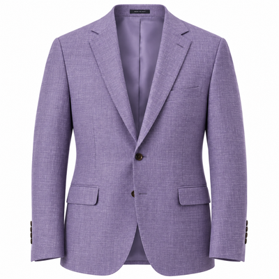 The Paul Betenly Kevin Purple Sport Coat 2K6103 is a sophisticated single-breasted jacket in light purple, expertly tailored from luxurious Super 120′s wool. It features classic notched lapels, two-button closure, flap pockets, and a chest pocket—all presented against a white background for an elegant display of refined style by Paul Betenly.